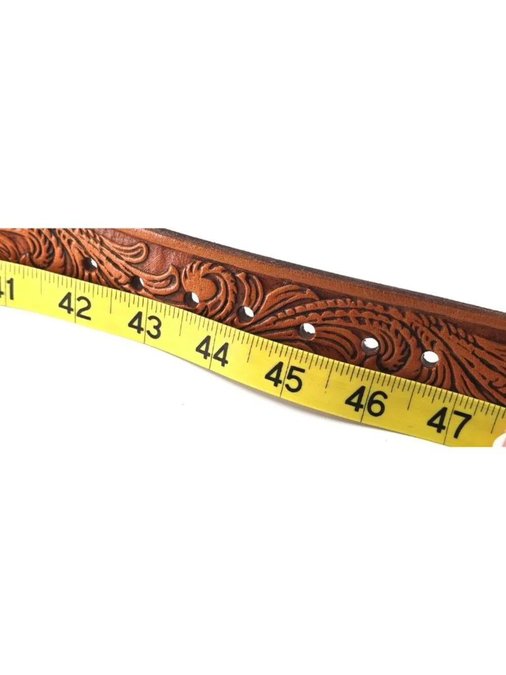 Genuine Tooled Leather Western Belt Engraved Silver Tone Buckle Scroll 42